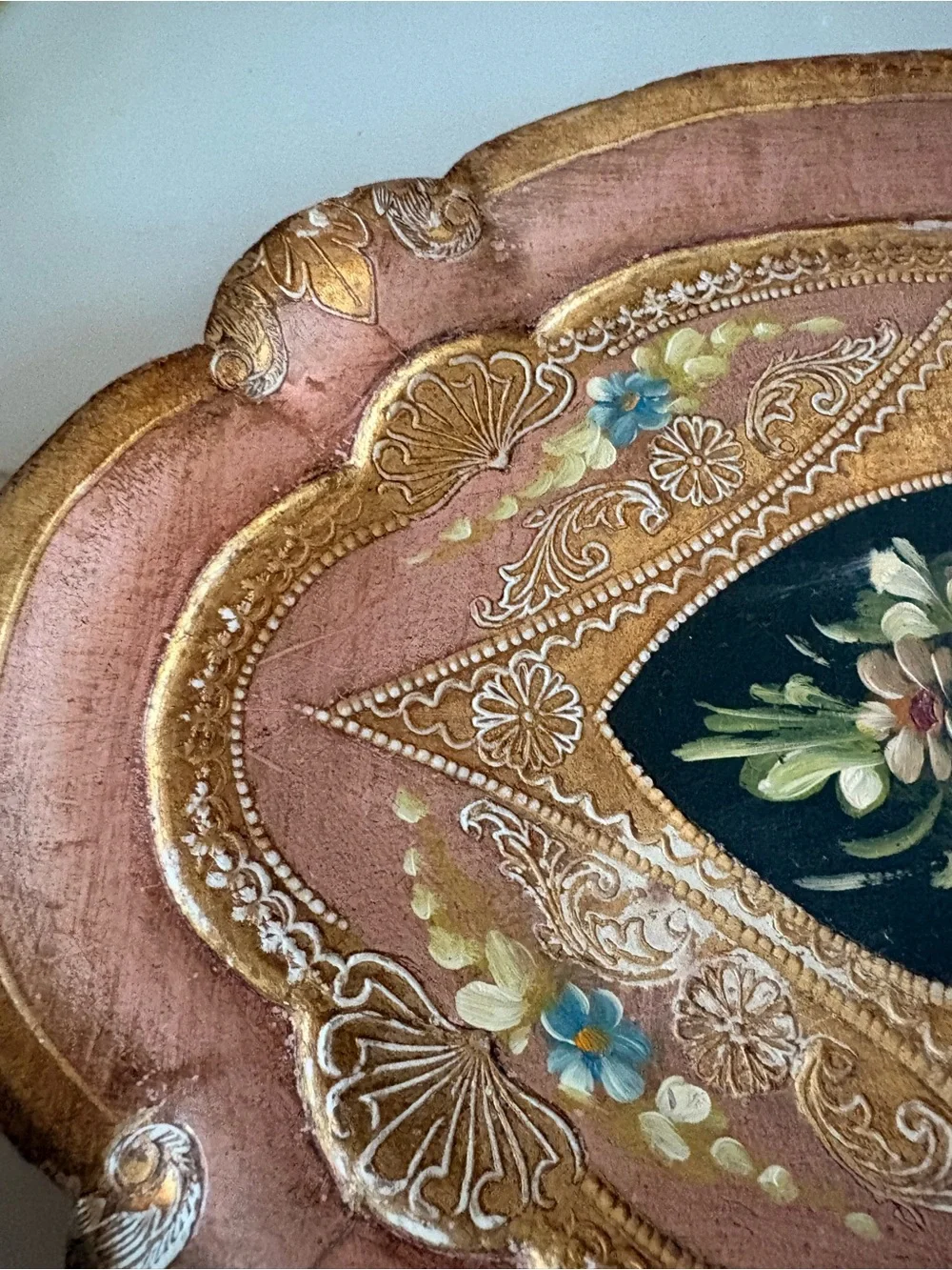 Vintage Florentine Hand Painred Decorative Floral Hand-Painted Oval Tray